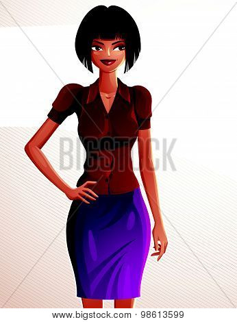 Beautiful coquette smiling lady illustration, full body portrait of sexy slim brunette