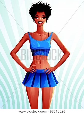 Full-length portrait of a gorgeous brunette sexy lady wearing a tennis skirt and top, colorful
