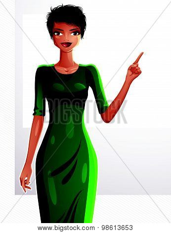 Beautiful coquette lady illustration, full body portrait of sexy slim brunette pointing
