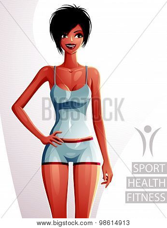 Sexy coquette tanned woman full body portrait. Gorgeous lady in a sportswear with stylish makeup