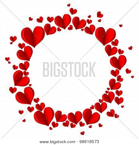 Round frame of red hearts. Origami.