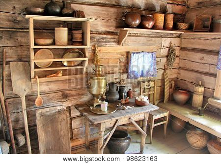 Interior of a classic russian wooden house izba