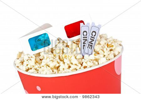 Popcorn spand, to billetter og 3D briller