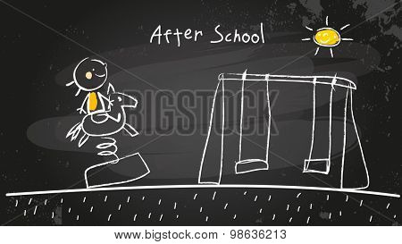 After school activities, kid at playground. Chalk on blackboard vector concept doodle style hand drawn illustration. 