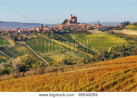Autumnal vineyards and small town on the hill in Piedmont, Northern Italy.
