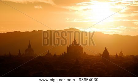 Panoramic Landscape View Of Golden Sunset In Bagan, Myanmar