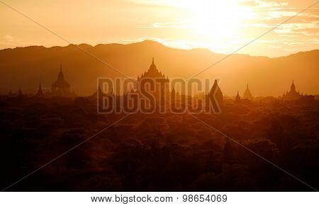 Scenic Sunset View Of Ancient Temples Silhouettes In Bagan, Myanmar
