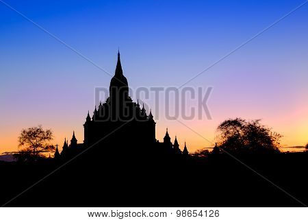 Scenic View Of Ancient Sulamani Temple Silhouette At Dusk, Bagan