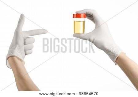 Medical Theme: Doctor's Hand In White Gloves Holding A Transparent Container With The Analysis Of Ur