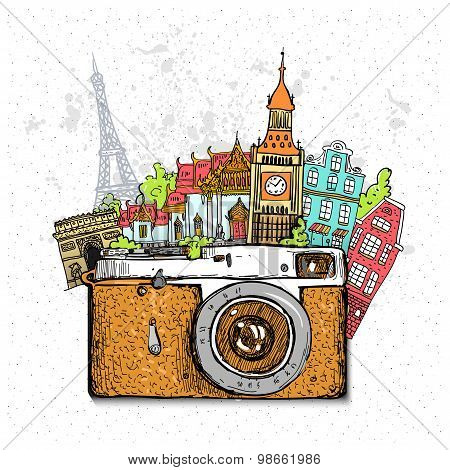 Travel photo background with retro camera
