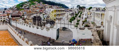 View showing historical old part of Quito shot from San Diego church with the famous Panecillo mount
