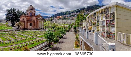 Panoramic view of San Diego church cemetary in Quito showing main building dome, tomb graves and gra