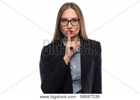 Image of businesswoman showing silence in glasses