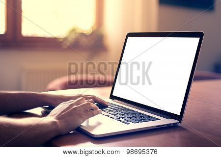 Man hands working on the laptop in livingroom