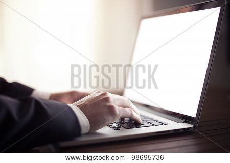 Man hands working on the laptop in livingroom