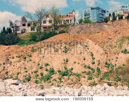 Landslide Caused By Torrential Rains Of Hurricane Christie. Broken Road Asphalt Cracked, And Came Do