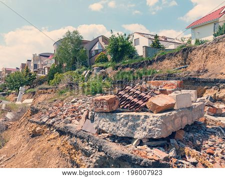 Landslide Caused By Torrential Rains Of Hurricane Christie. Broken Road Asphalt Cracked, And Came Do