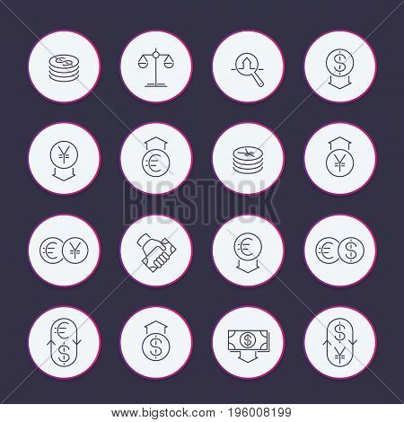 Currency line icons set, money transfer, coins, monetary policy, forex trading, foreign exchange