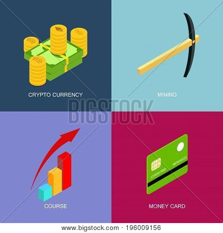 Mining of crypto-currency, isometric set of icons