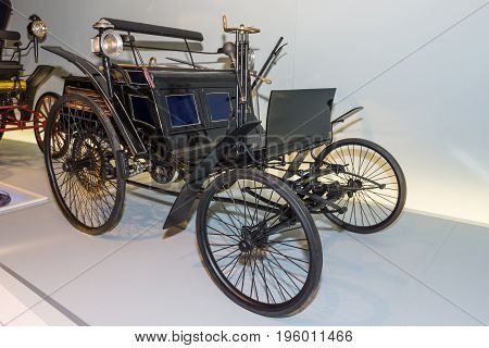STUTTGART GERMANY- MARCH 19 2016: Benz Motor Velocipede also known as Velo 1884. Mercedes-Benz Museum.