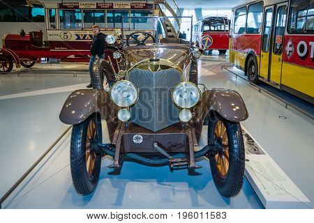 STUTTGART GERMANY- MARCH 19 2016: Vintage car Mercedes-Knight 16/45 PS Tourer 1921. Mercedes-Benz Museum.