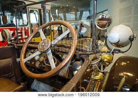 STUTTGART GERMANY- MARCH 19 2016: Cabin of vintage car Mercedes-Knight 16/45 PS Tourer 1921. Mercedes-Benz Museum.