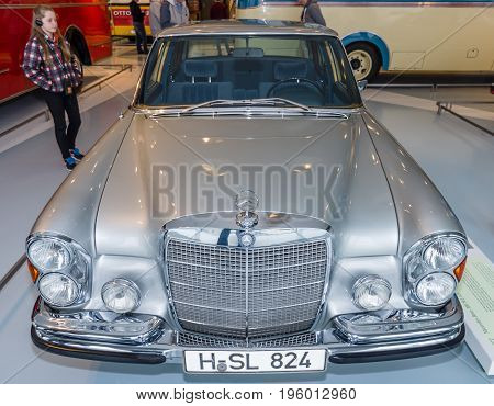 STUTTGART GERMANY- MARCH 19 2016: Full-size luxury car Mercedes-Benz 300 SEL 6.3 1972. Mercedes-Benz Museum.