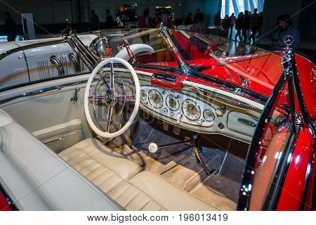STUTTGART GERMANY- MARCH 19 2016: Cabin of luxury car Mercedes-Benz 500 K Special-Roadster (W29) 1937. Mercedes-Benz Museum.