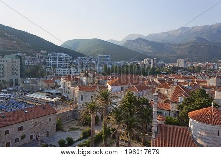 Panoramic view of the old and new parts of Budva. Summer 2017