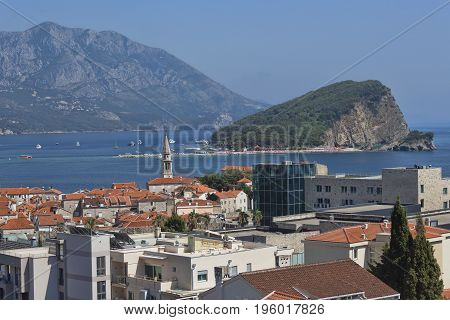 Panoramic view of the old and new parts of Budva. Summer 2017