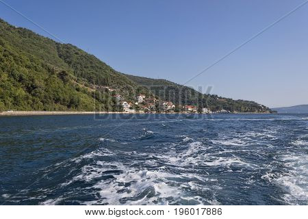 Small town Lepetani on the shore of the Kotor Bay. Montenegro summer 2017