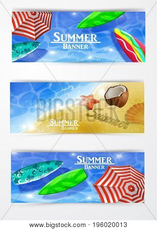 colorful umbrella floating surfing boards and water top view banner set vector illustration