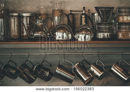 Accessories and items for coffee on a background of a concreat wall. School barista. Equipment for cafes.color Retro Style.Thailand