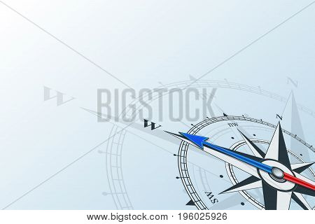 Compass west. Compass with wind rose, the arrow points to the west. Compass on a blue background. Compass illustrations can be used as background. Flat background with copy space place. Travel concept