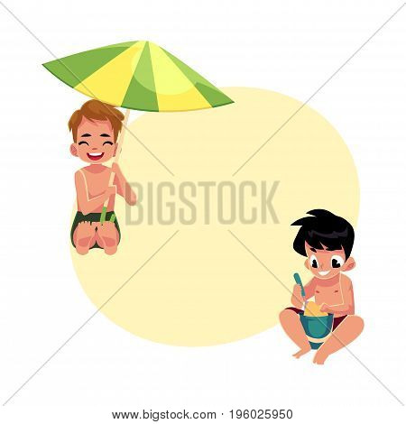 Two boys playing on the beach - one filling bucket, another hiding under umbrella, cartoon vector illustration with space for text. Boys, children, kids playing on the beach, summer vacation