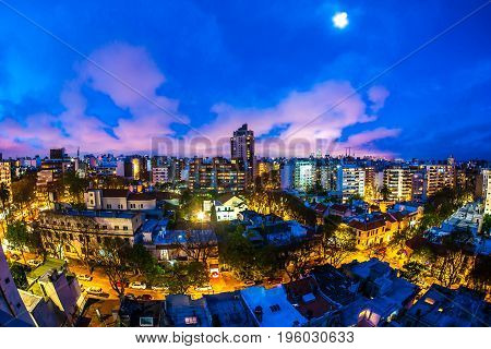 MONTEVIDEO, URUGUAY - SEPTEMBER 3: Aerial view of the city at night on September 9, 2015 in Montevideo, Uruguay.