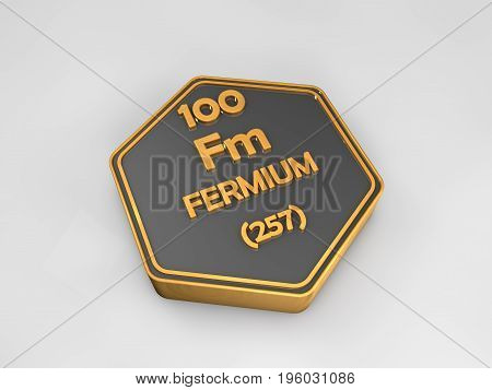 fermium - Fm - chemical element periodic table hexagonal shape 3d render