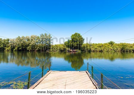 A Ferry For Cars Across The River, Tarragona, Catalunya, Spain. Copy Space For Text.