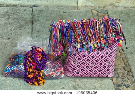 Colorful traditional bag and handicraft for sale in a street in Oaxaca Mexico