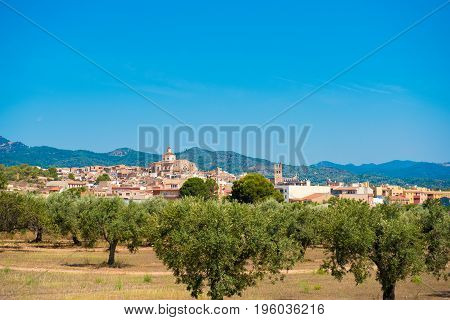 View of Mont-roig del Camp and the church of St. Miguel Tarragona Catalunya Spain. Copy space for text