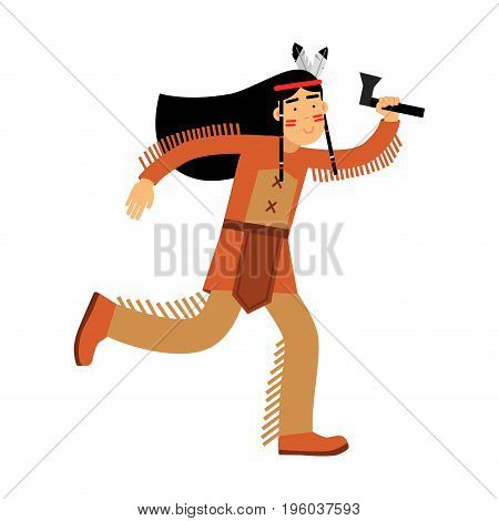 Native american indian girl in traditional costume rinning with tomahawk vector Illustration isolated on a white background
