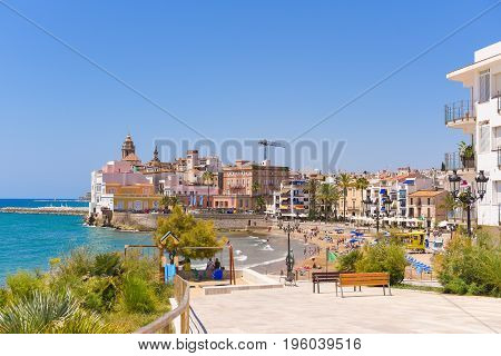 Landscape Of The Coastline In Sitges, Barcelona, Catalunya, Spain. Copy Space For Text.