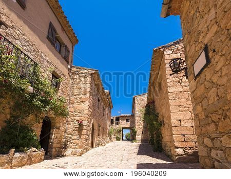View Of The Buildings In The Village Siurana De Prades, Tarragona, Catalunya, Spain. Copy Space For