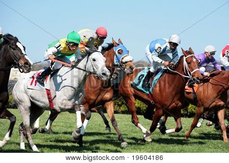 MAYS LANDING, NJ - APRIL 23: Jockeys mit ihren Pferden kommen der Zielgeraden 23. April 2009 in