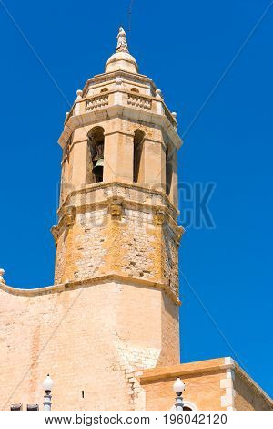 View Of The Tower Of The Church Of Sant Bartomeu And Santa Tecla In Sitges,  Barcelona, Catalunya, S