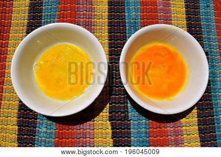 Scramble egg on left is store purchase and right is from a farm range chicken