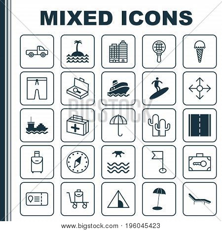 Travel Icons Set. Collection Of Vehicle Car, Boardsports, Globe Search And Other Elements