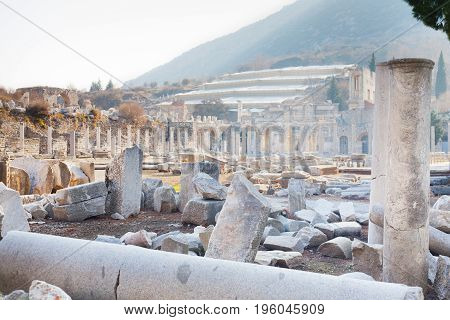 Roman stone pillars and terraced hosues ruins from agora in ephesus Archaeological site in turkey