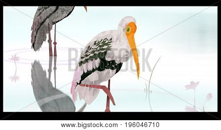 Painted Stork illustration, inspired by trips to the southern coast of Thailand