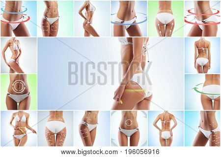 Health, sport, fitness, nutrition, weight loss, diet, cellulite removal, liposuction, healthy life-style concept. Collage of a female body with arrows. 